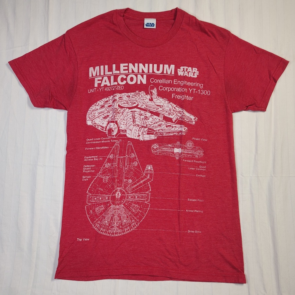 Star Wars Millennium Falcon T-Shirt Mens M Red‎ Blueprint Graphic Tee Y2K